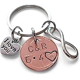 Custom Hand Stamped Personalized Penny Keychain, with 2 Selected Charm, Husband Wife Anniversary Key Chain, Boyfriend Girlfriend Customized Couples Keychain