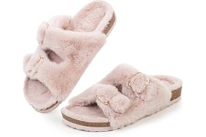 FITORY Womens Open Toe Slipper with Cozy Lining,Faux Rabbit Fur Cork Slide Sandals Size 6-11