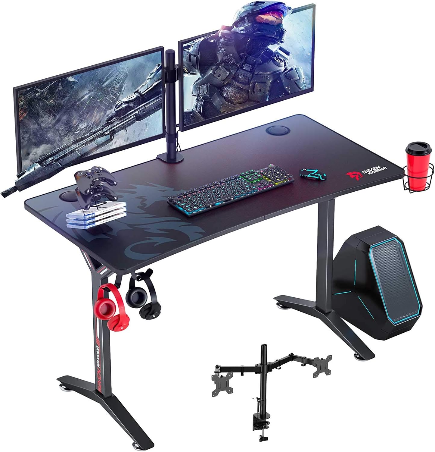 Seven Warrior Gaming Desk 47INCH with Dual Monitor Mount, Carbon Fiber Surface Computer Gamer Desk with Full Desk Mouse Pad, Ergonomic Y Shaped Gamer Table with Outlet Organizer, Gaming Rack