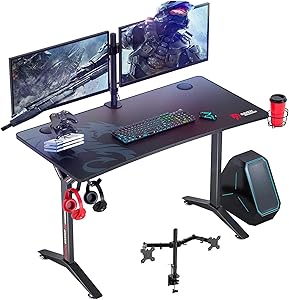 Seven Warrior Gaming Desk 47INCH with Dual Monitor Mount, Carbon Fiber Surface Computer Gamer Desk with Full Desk Mouse Pad, Ergonomic Y Shaped Gamer Table with Outlet Organizer, Gaming Rack