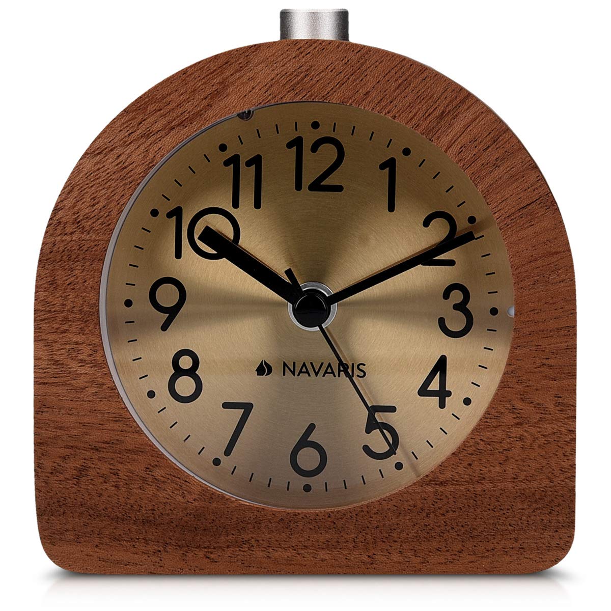 Navaris Wooden Alarm Clock with Analog Snooze - Retro Clock Light Alarm Scale - Quiet Vintage Table Clock Semicircle - Dark Brown
