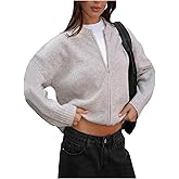 Floerns Women's Long Sleeve Round Neck Zip Up Ribbed Knit Cardigan Crewneck Loose Fit Sweater Fall Trendy Coat