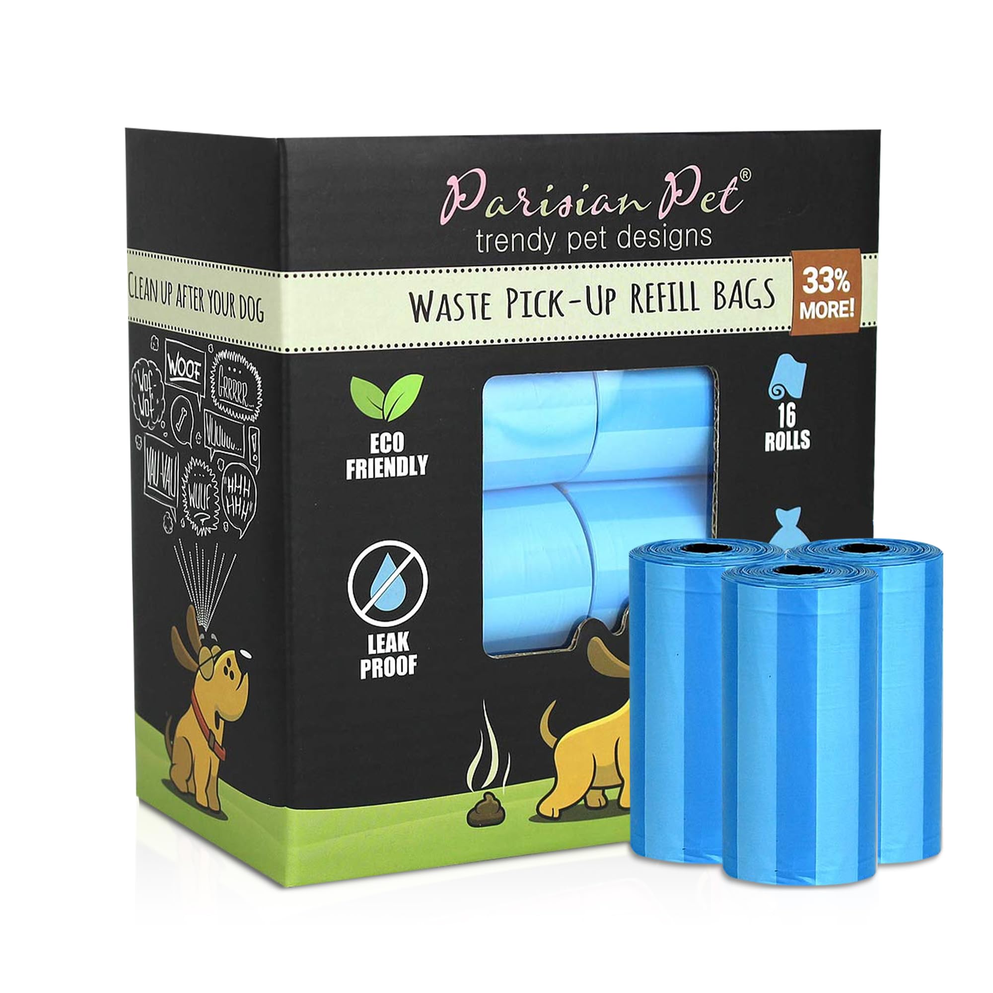 Parisian Pet Dog Poop Bags for Dogs – Refills Rolls of Doggie Bags for Poop – Unscented Dog Poop Bag – Eco-Friendly Pickup Pet Waste Bags, 16 Rolls, Striped Blue