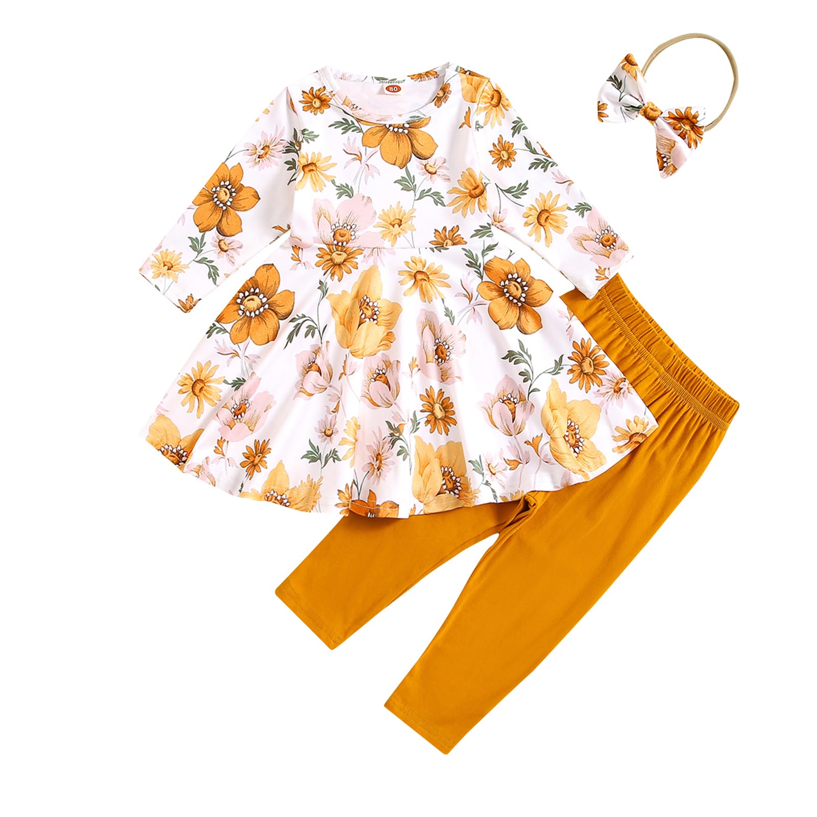 Photo 1 of Aruzig Toddler Baby Girls Floral Clothes Set Long Sleeve Ruffle Tops Pants Outfits Fall Winter Clothing (Orange Floral, 3-4T)