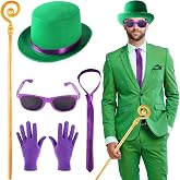 Yewong 5 Pieces Halloween Question Mark Costume Accessories Green Top Hat with Sunglasses Necktie Gloves Scepter for Comic Villain Cosplay