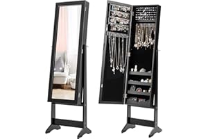 Giantex Jewelry Cabinet with Full-Length Mirror, Standing Jewelry Armoire Organizer with 64 Earring Slots, 20 Necklace Hooks,