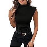 SweatyRocks Women's Mock Neck Fitted Tank Top Cap Sleeve Ruched Business Casual Ribbed Knit Tops