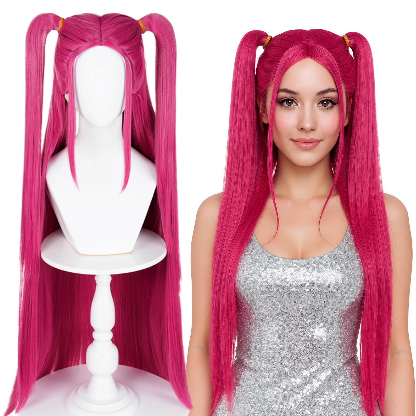 Photo 1 of Long Magenta Ponytail Pigtail Wig for Women Universal Rose Red Wig + Cap for Stage Party Halloween Costume Cosplay