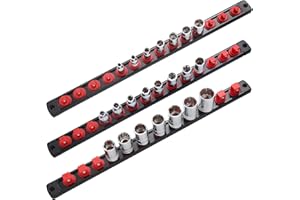 Reniteco 3-Piece Magnetic Socket Organizer, Heavy Duty Aluminum Socket Rails Organizer, 360° Swivel Clips Socket Holder Kit for Tool Box, 1/2, 3/8, 1/4-Inch Socket Holder x 40 Clips (Red)