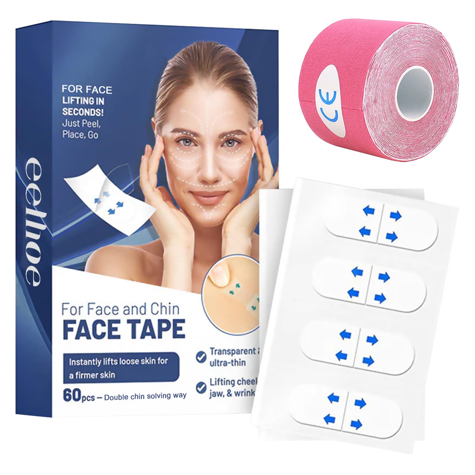 REBUCINA 40 Pcs Face Lift Tape Invisible,Face Lift Tape, Invisible Lift Tape Instant Tightening Sticker Waterproof Face Lift with 1 Volume Sports Patch Tape for Double Chin Neck and Face Wrinkle