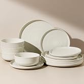 Famiware Premium Stoneware Dinnerware Sets for 4, Plates and Bowls, Cream | 12-Piece Ceramic Speckled &amp; Raised-Circle Dishes, Chip &amp; Scratch Resistant, Microwave &amp; Dishwasher Safe, Daily Use, Farmhouse