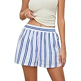 MISSACTIVER Women Striped Boxer Shorts Elastic High Rise Pajama Bottoms Casual Lounge Shorts with Pockets Sleepwear