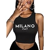 Hilinker Women's Summer Tank Tops Sleeveless Letter Graphic Printed Ribbed Knit Basic Crop Cami Tops Shirt