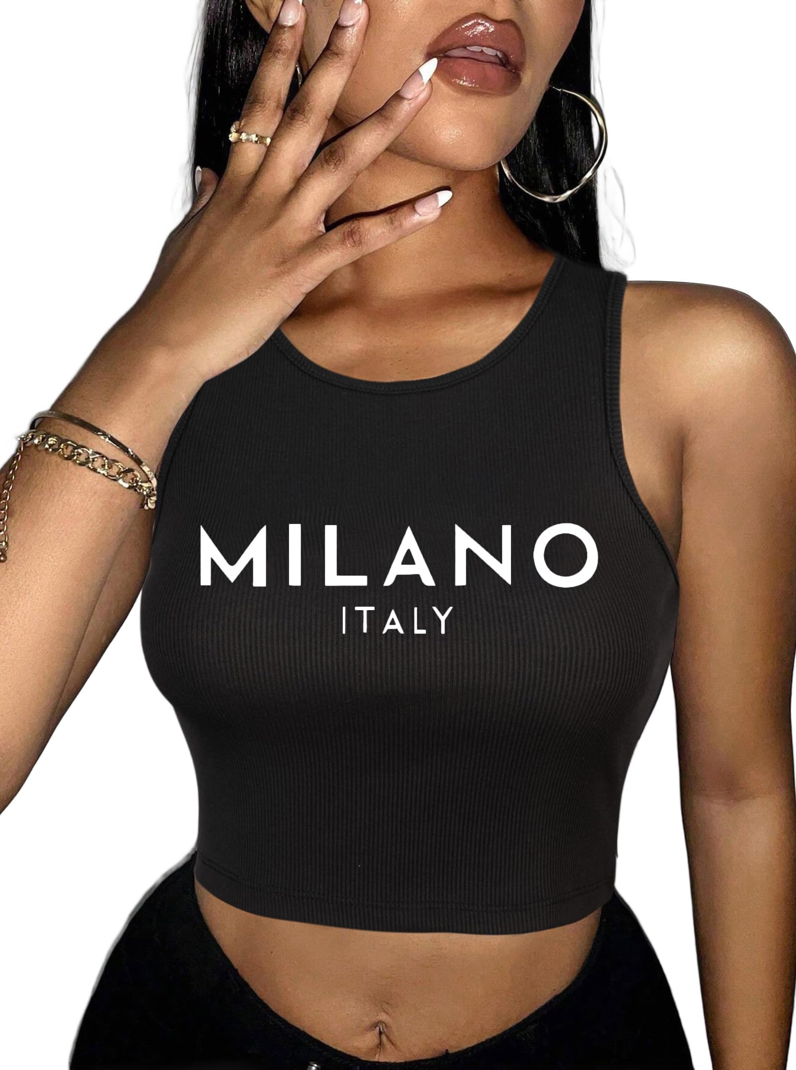 Photo 1 of Hilinker Womens Graphic Tank Tops Ribbed Sleeveless Funny Crop Top Cute Summer Shirt Black Milano X-Large