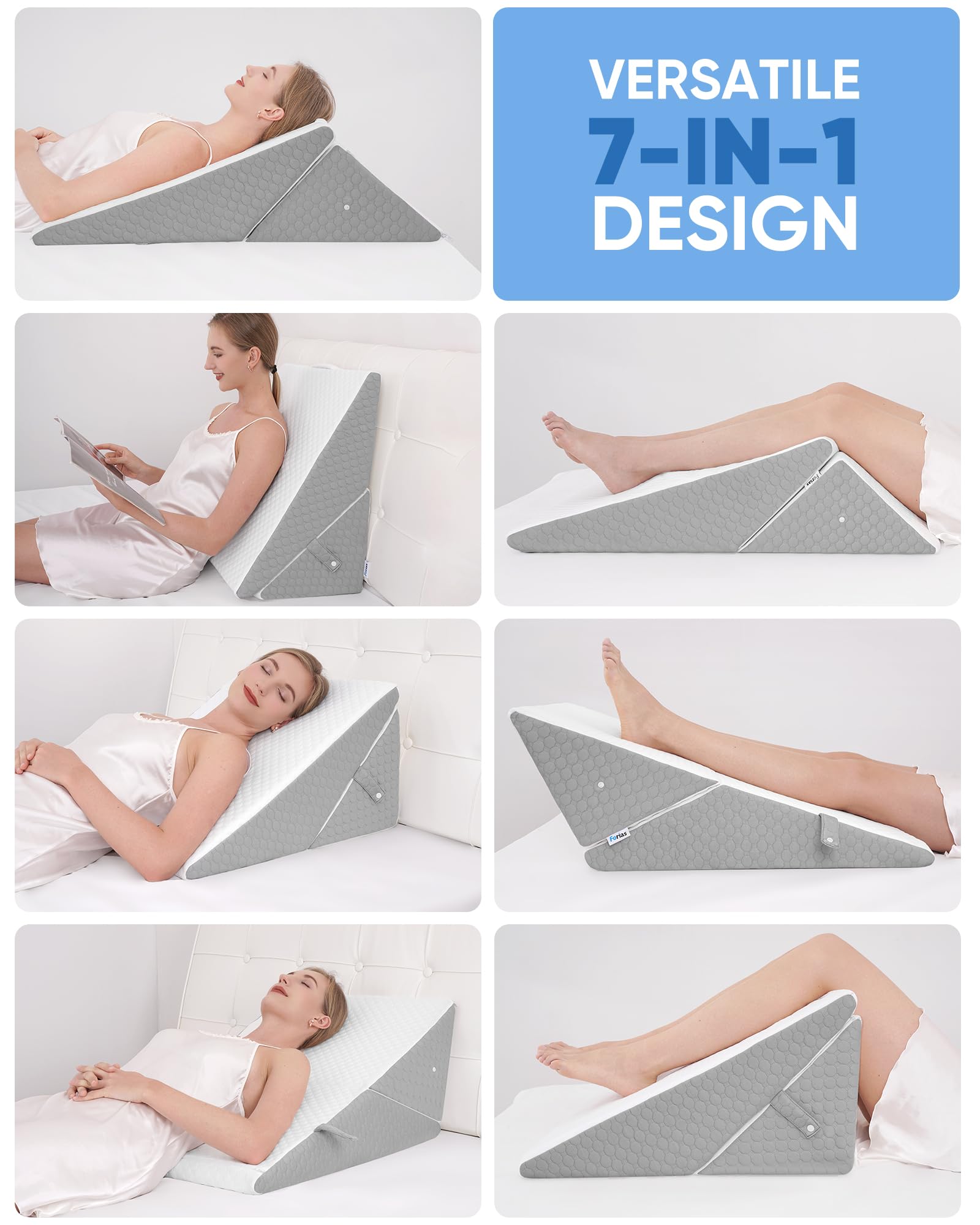 Forias Wedge Pillow for Sleeping 7-in-1 Foldable Bed Wedge Pillow for After Surgery 9 &12 Inch Adjustable Memory Foam Triangle Pillow Wedge for Acid Reflux Gerd Snoring Back Knee Pain