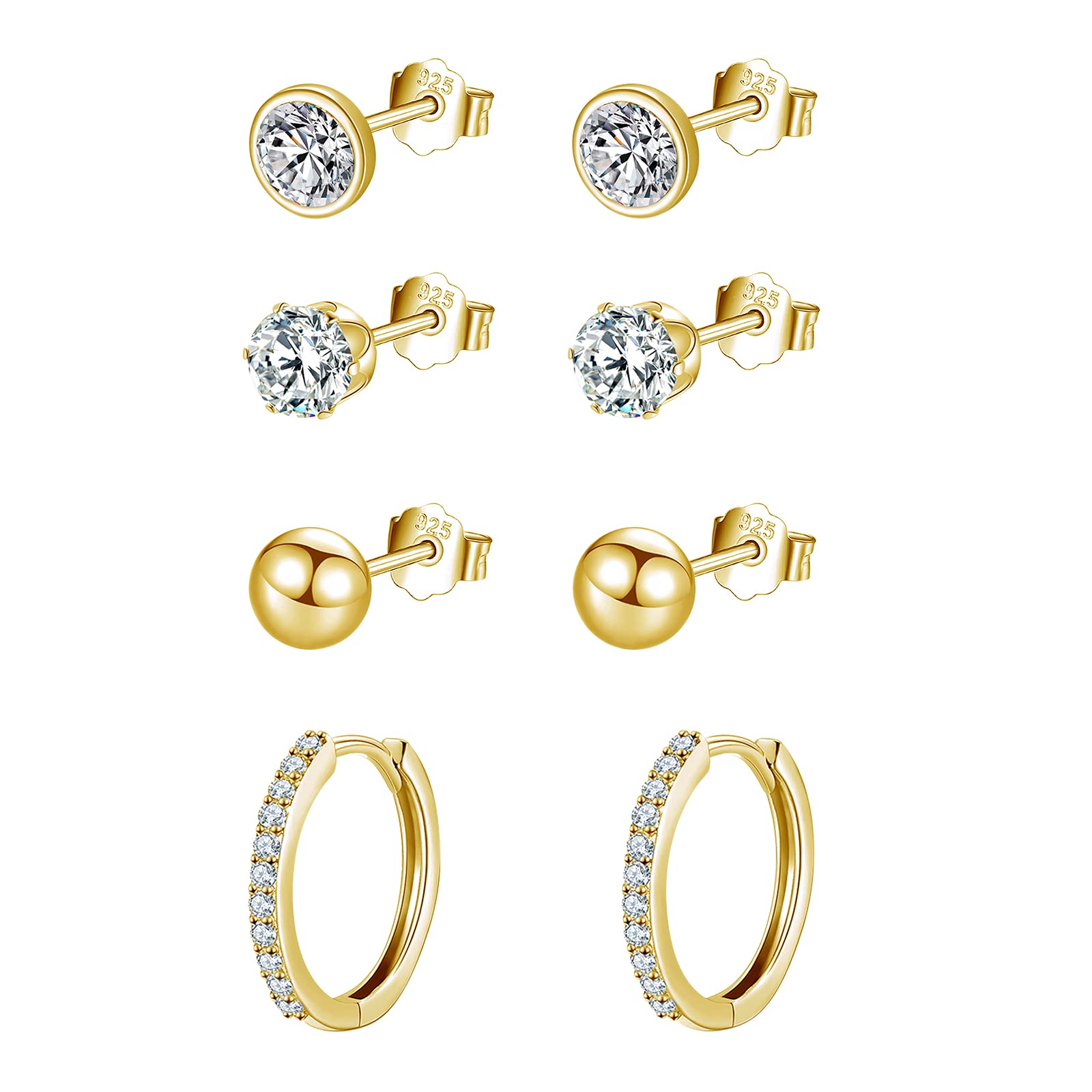 wynn's Gold Earrings for Women, 925 Sterling Silver Stud Earrings, Cubic Zirconia Small Sleepers Studs Hoops Earrings, 4mm Stud Earrings + 12mm Hoop Earrings, 4 Pairs Gold Earrrings set
