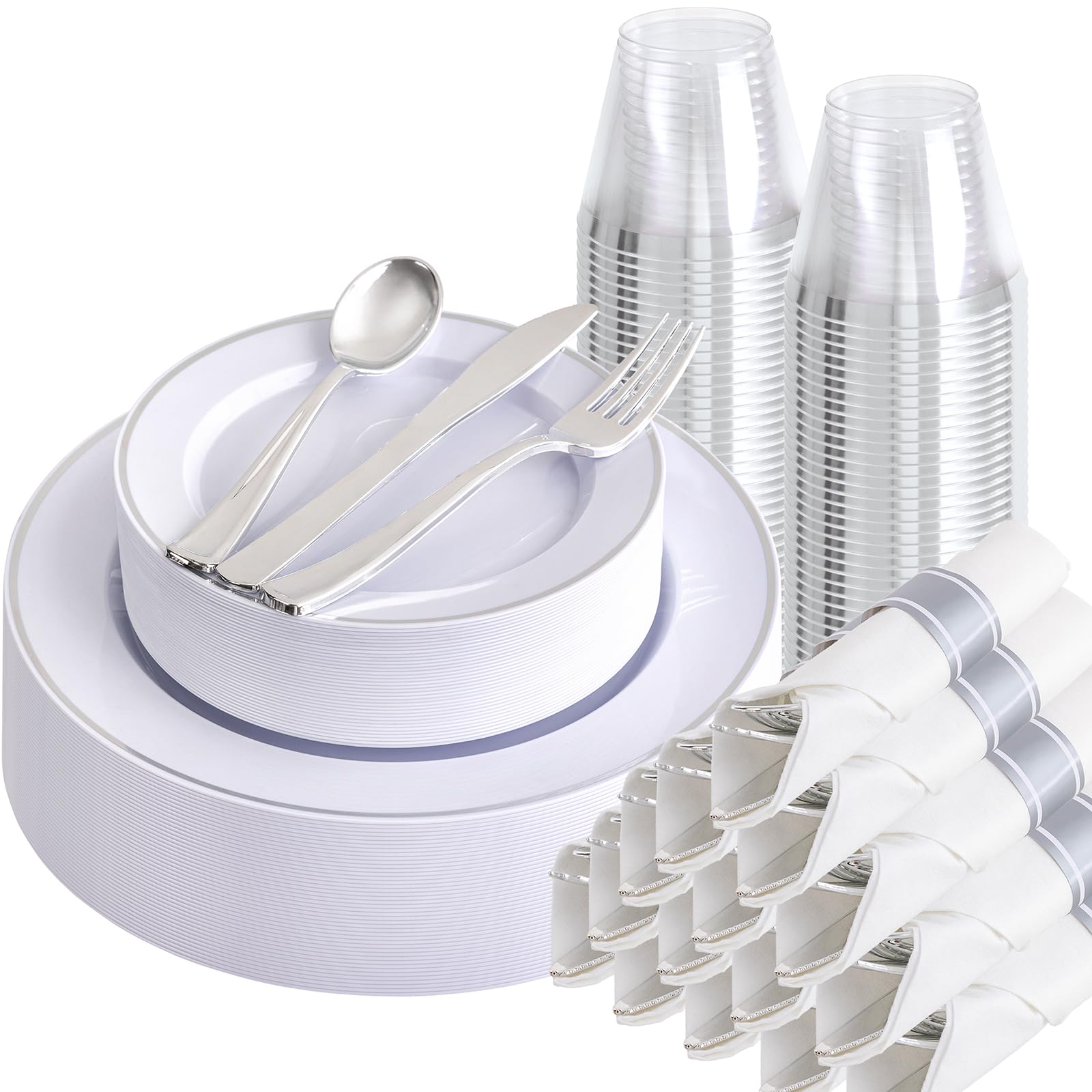 Photo 1 of SUT 175 Pcs Silver Plastic Dinnerware Set for 25 Guests, Include: 25 Dinner Plates, 25 Dessert Plates, 25 Pre Rolled Napkins With Silver Silverware, 25 Cups, Disposable Plates for Wedding, Party
