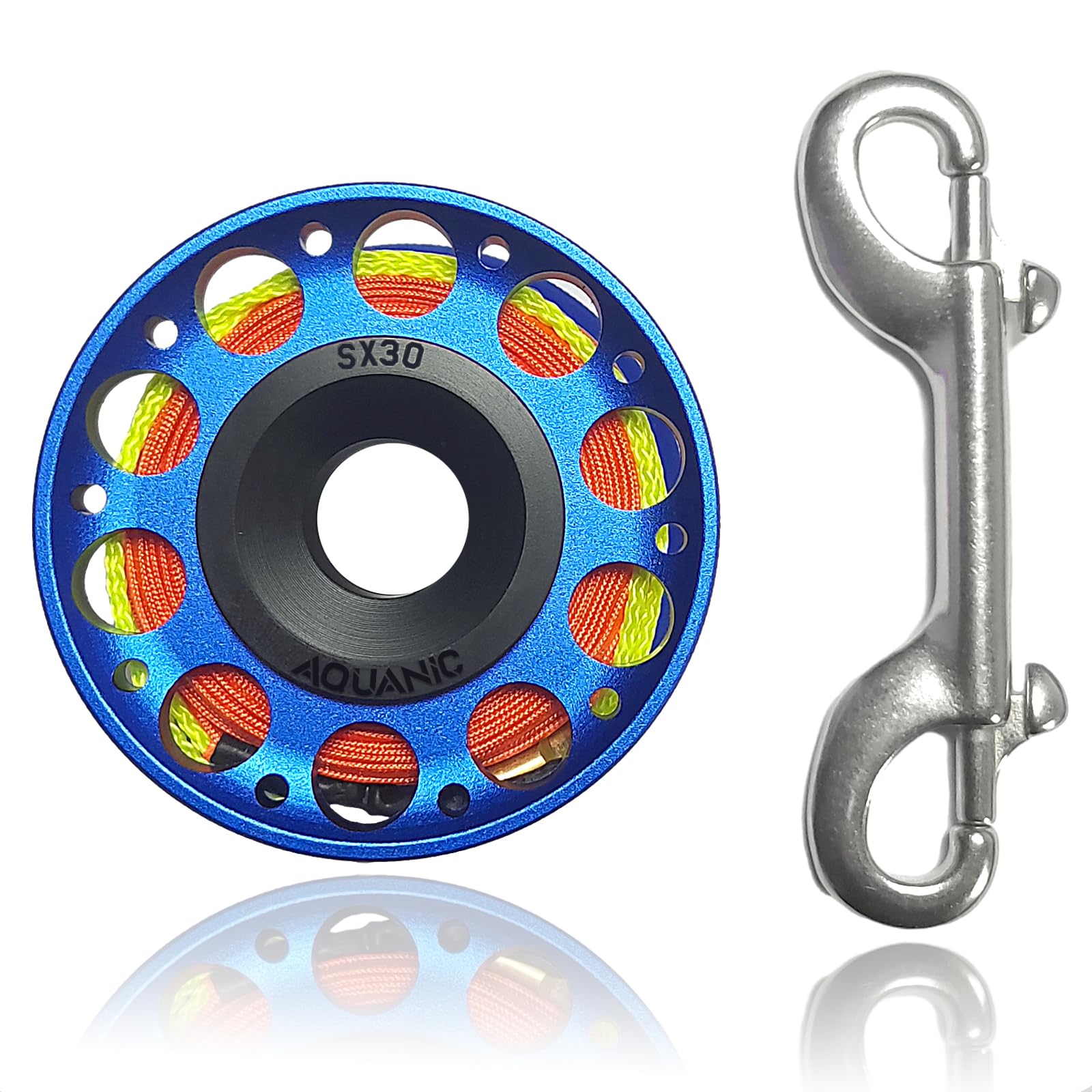 Scuba Diving Reel 99FT Finger Reel with Dive Double-Ended Bolt Snap Clip Aluminum Scuba Dive Finger Spool Reel for Snorkeling Diving Fishing (Blue)