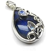 Natural Blue Labradorite, Moonstone 925 Sterling Silver Pendant 35mm