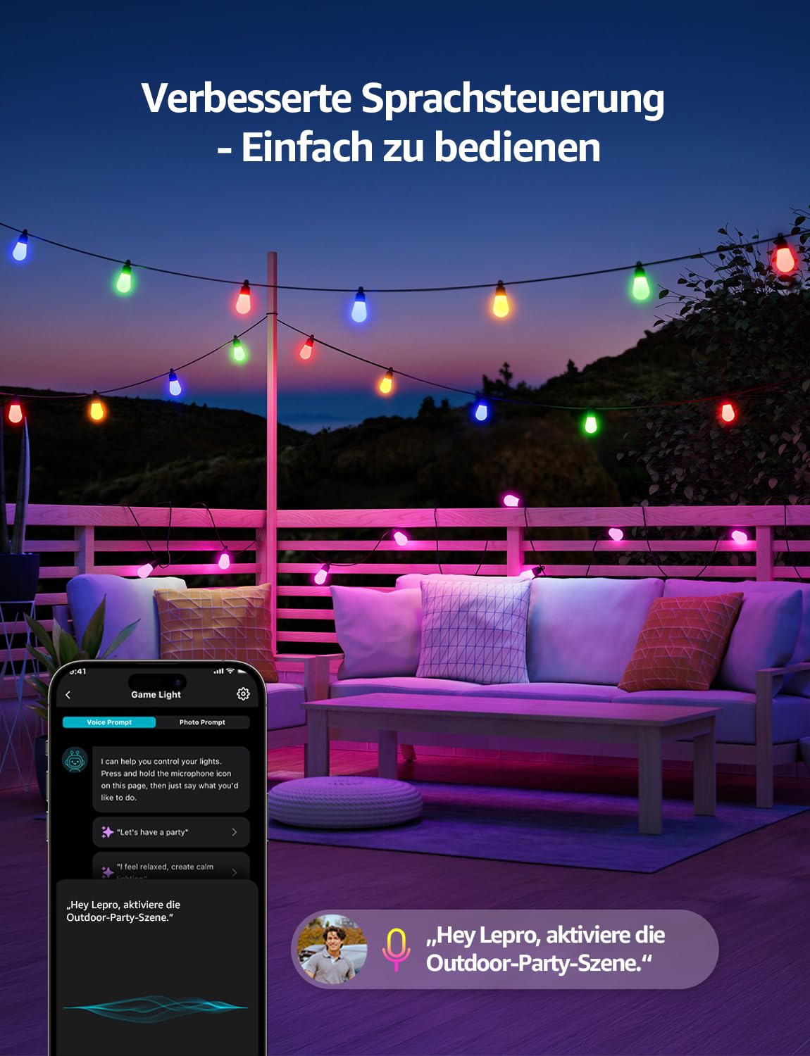 Lepro ZB1 AI LED Lichterkette Außen 30m, RGB+Warmweiß Smarte LED S14 WLAN Glühbirnen,App-Steuerung,Funktioniert mit Alexa&Google,IP65,Personalisierter KI-Lichtdesigner,ohne Fernbedienung, 30 LEDs 3