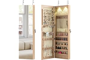 COSTWAY Mirror Jewelry Armoire, Wall Door Mounted Jewelry Organizer w/Full-length Mirror and 2 LED Lights, Lockable Large Cap