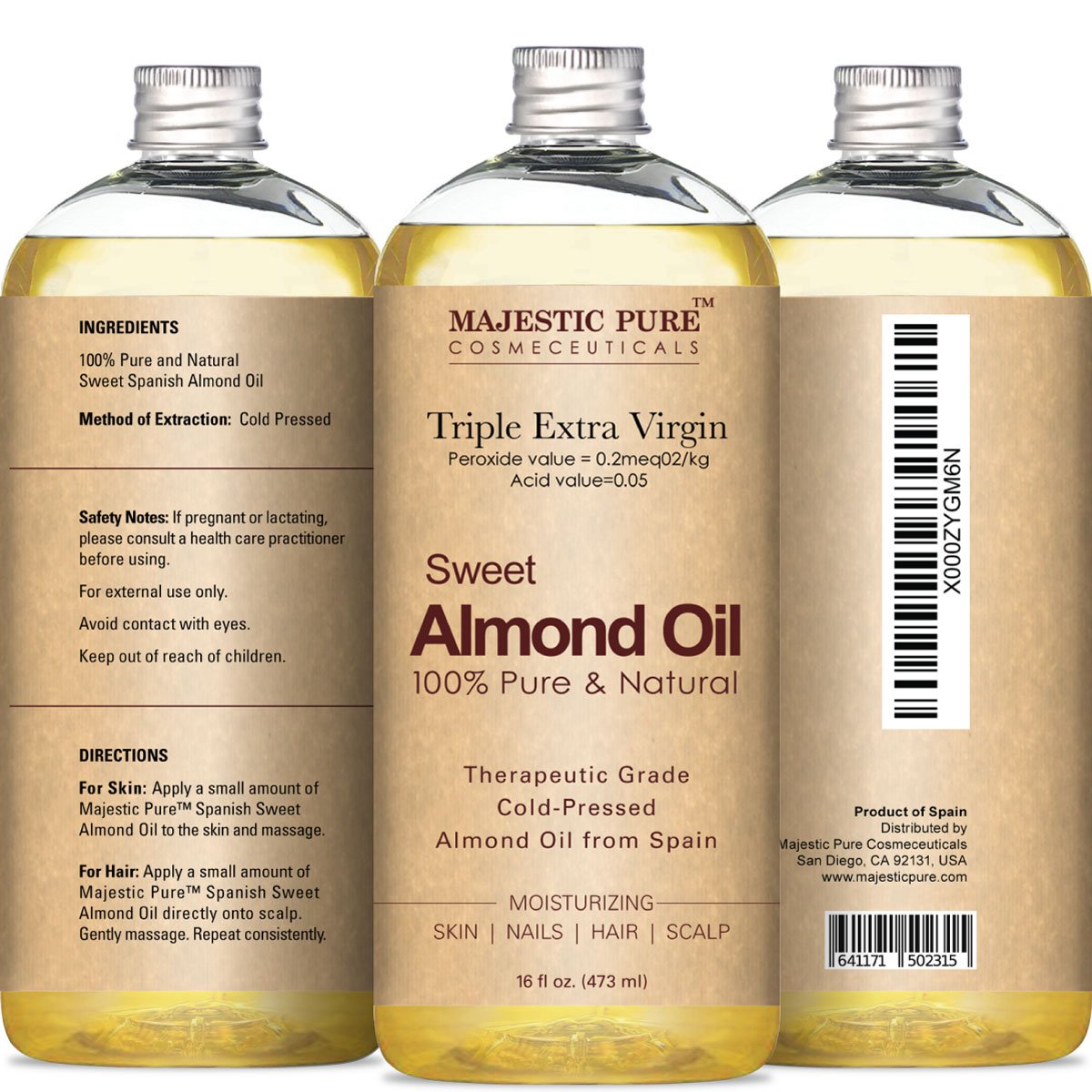 Majestic Pure Sweet Almond Oil, Triple A Grade Quality, Pure and Natural from Spain, Cold Pressed, (Packaging May Vary) - 16 fl. oz.: Beauty