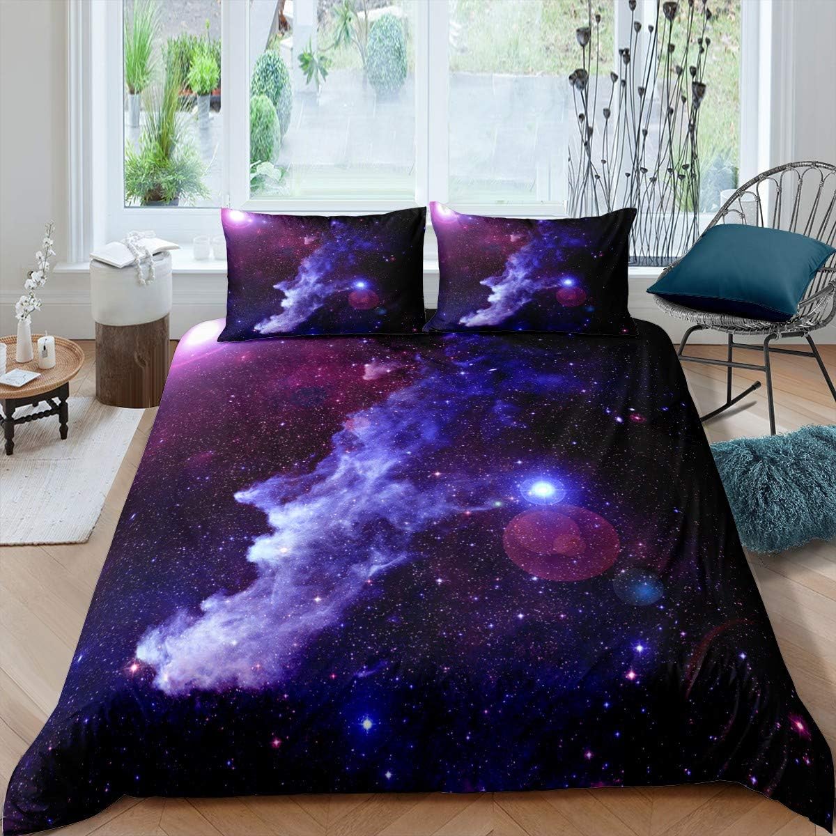 Galaxy Print Bedding Set, Blue Duvet Cover Set World 3D 140 x
