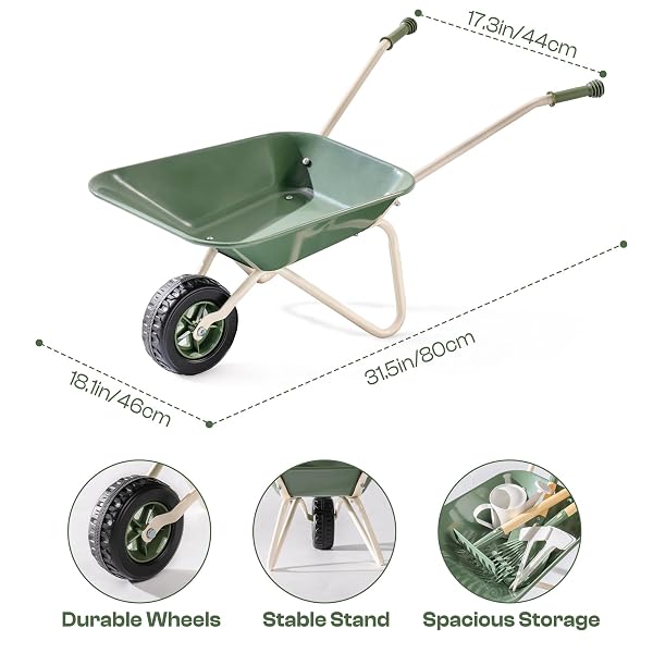ROBOTIME KIDS WHEELBARROW WITH GARDENING SET – METAL WHEELBARROW TODDLER OUTDOOR PLAY TOY WITH GARDEN TOOLS, WATERING CAN & PLANT LABELS, PRETEND PLAY YARD EQUIPMENT FOR BOYS AND GIRLS (GREEN)