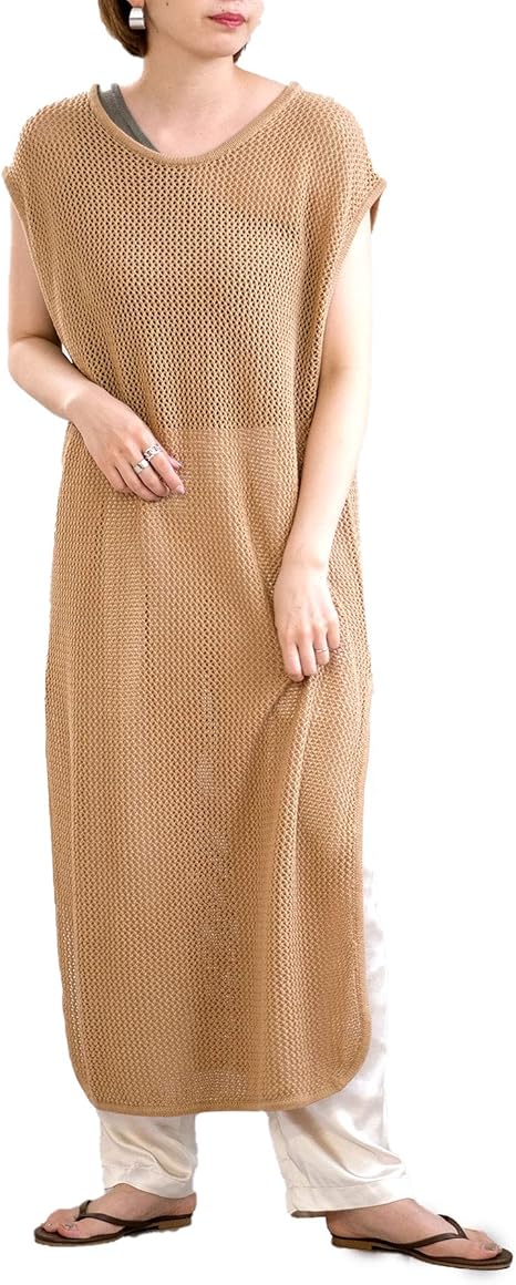 Amazon Co Jp アンドジェイ ベルト付き メッシュ編み ニット ワンピース 4608 レディース ロング M ベージュ 服 ファッション小物