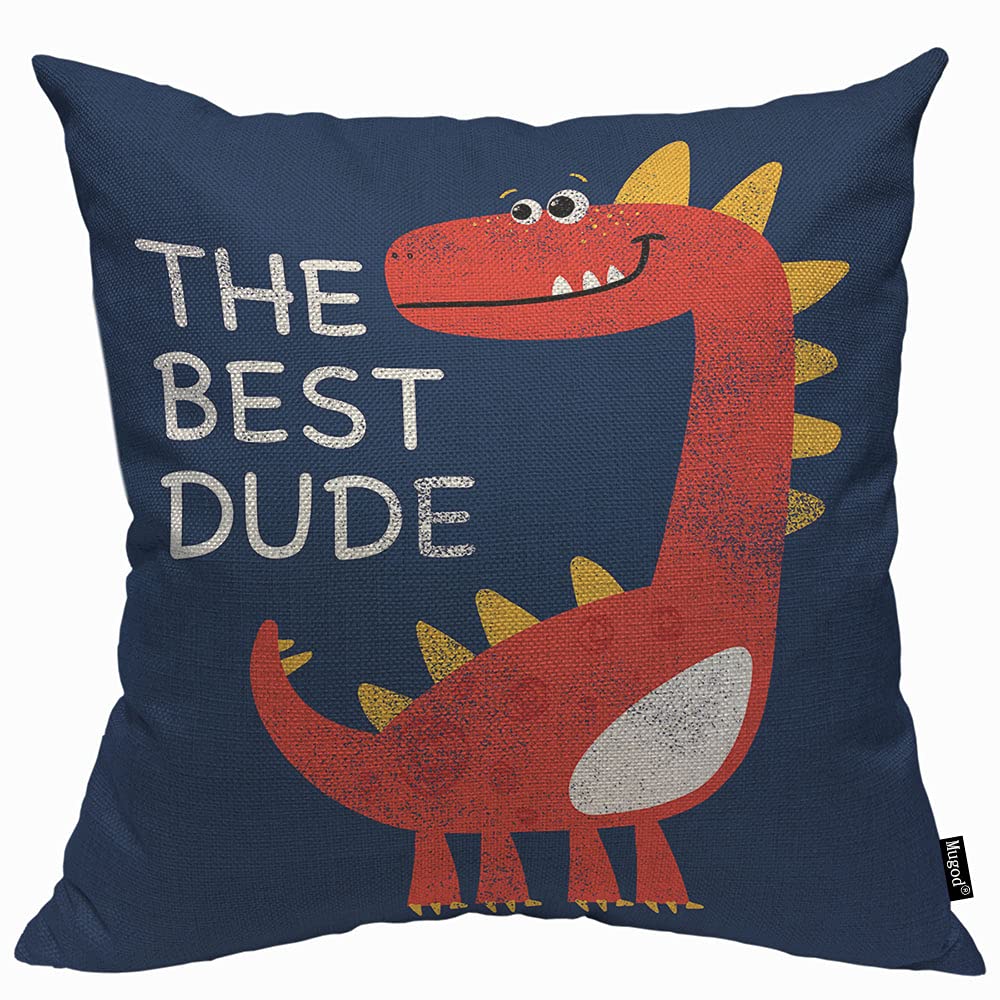 Mugod Funny Dinasaur Cushion Cover Throw Pillow Covers Cartoon Red Baby Dinosaur The Best Dude Pillow Case for Men Women Decorative Home Sofa Chair Couch 45x45cm/18x18 Inch