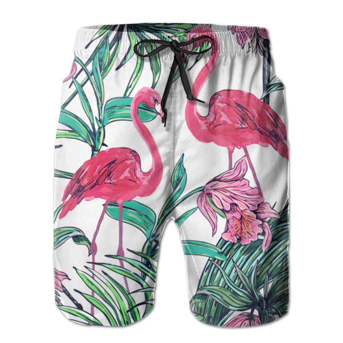 Pink Flamingos Palm Leaves Swim Trunks 