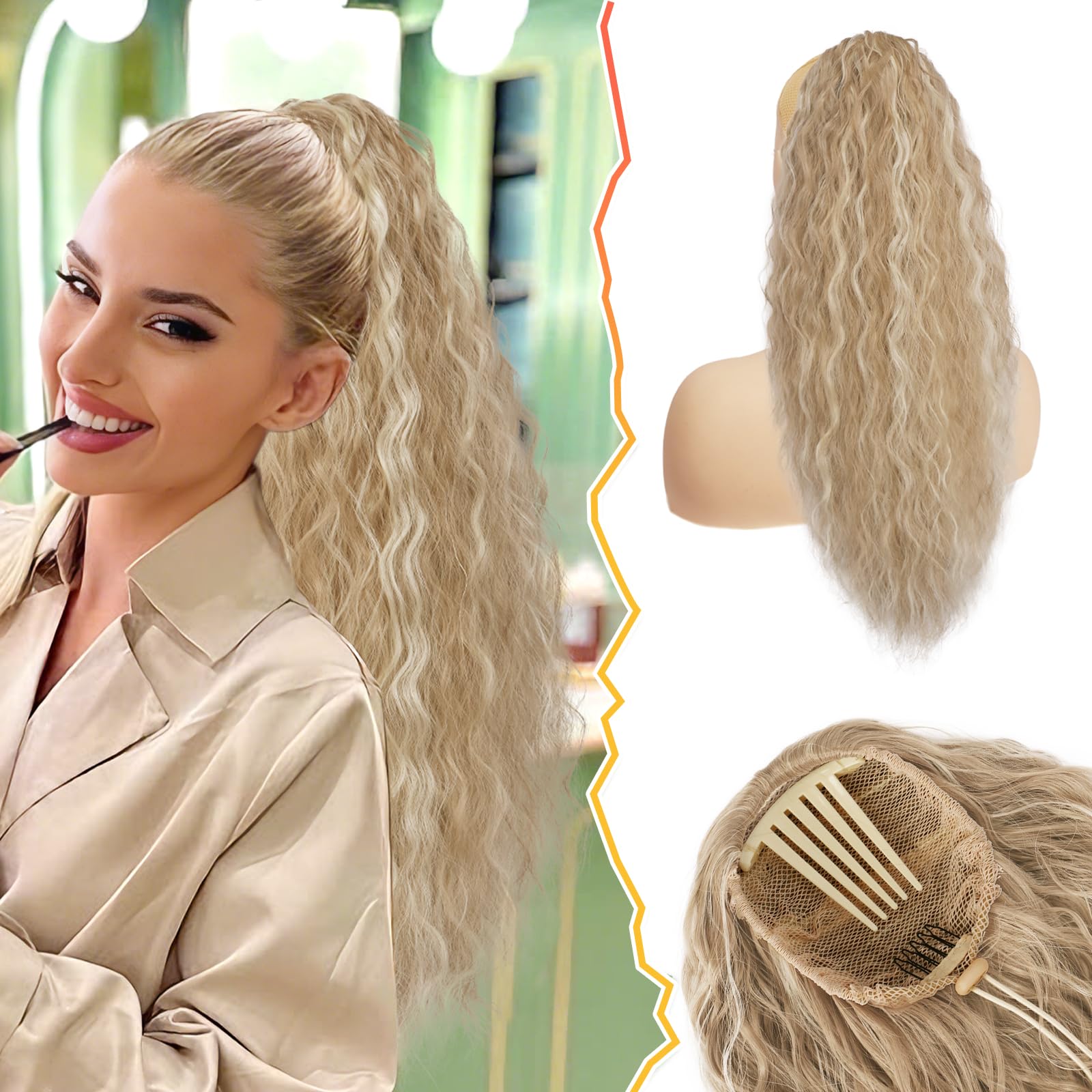 BARSDAR Drawstring Ponytail Extension, 22 Inch Curly Wavy Blonde Ponytails for Women Synthetic Comb Clip in Fake Pony Tails Hairpieces - Sandy Blonde with Highlights — image 1