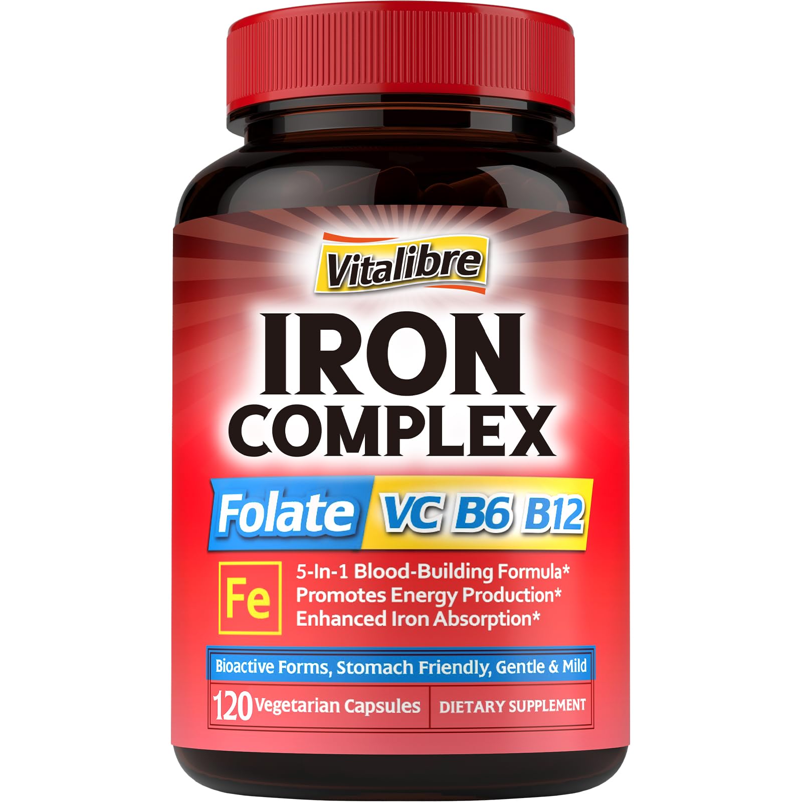 Iron Supplement for Women & Men, with Vitamins C, B6, B12 & Folate for Iron Deficiency, Blood Building & Energy Support, Stom