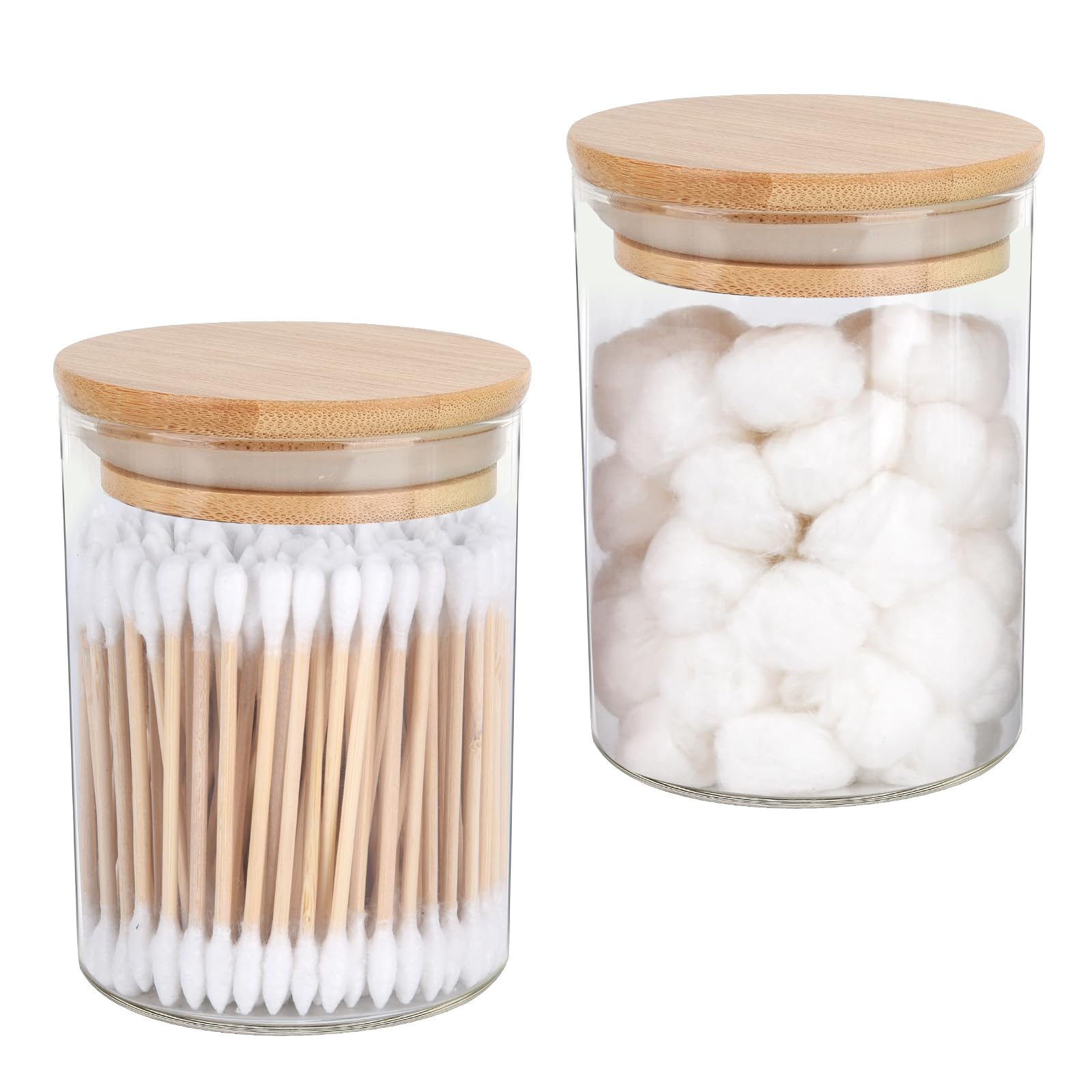 Photo 1 of 2 Pack Glass Qtip Holder Dispenser Set - Apothecary Jars with Lids for Vanity Makeup Organizer - Bathroom Canister Storage Organizer for Cotton Ball, Swab, Round Pads,Floss