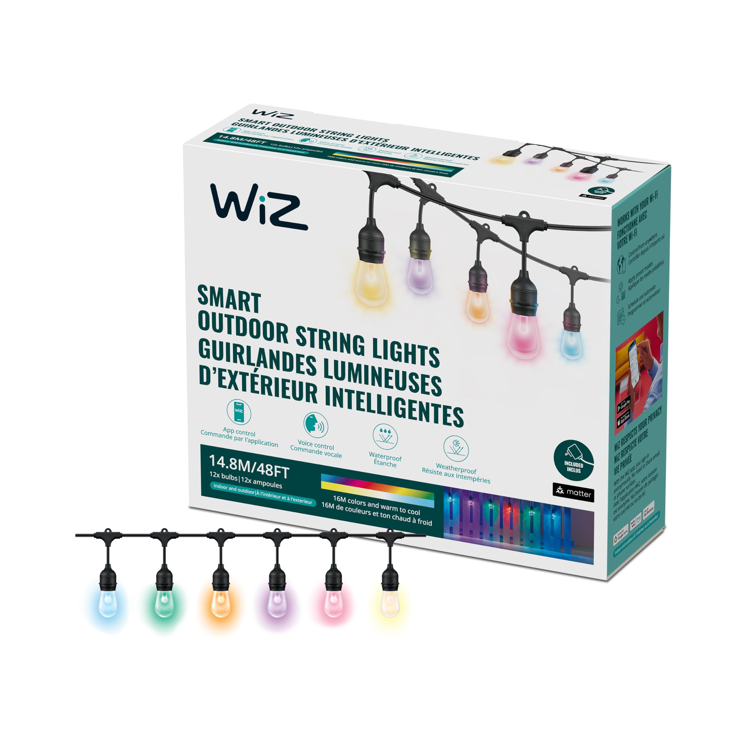 Photo 1 of ***(MISSING POWER CORD/ UNABLE TO TEST ITEM)***WiZ Connected 48FT Color Changing Outdoor String Lights - Water and Weatherproof - Adapter Included - Control with Wiz Connected App - Works with Google Home, Alexa and Siri Shortcuts