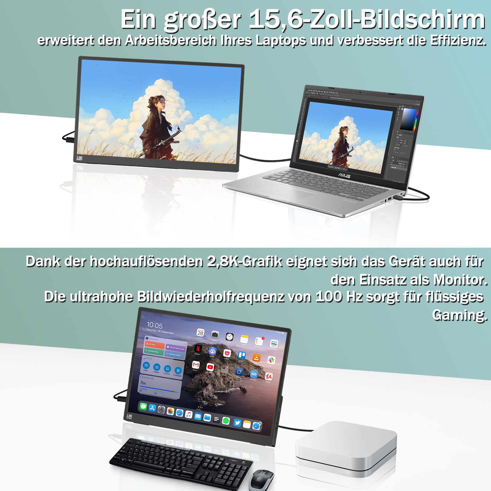 Kyyivwine 15,6 Zoll 2,5K Touchscreen Monitor,FHD 2880x1620 IPS 100Hz 16:9,10-Punkt-Touch Portable Monitor with 100%sRGB,Ultradünn Erweiterter Tragbarer Monitor für Laptops/PCs/Smartphone/Macs/Xbox/PS5 5