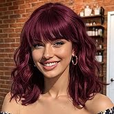 Nnzes Bob Curly Wig Synthetic Short Wine Red Wig with Bangs Natural Looking Heat Resistant Fiber Hair for Women
