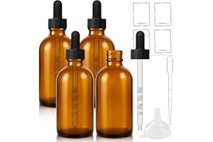 Bumobum Dropper Bottle, 4 oz Amber Glass Dropper Bottle with Glass Measured Dropper, Empty Eye Tincture Bottles with Funnel, Pipette & Labels for Essential Hair Oils Serums, 4 Pack