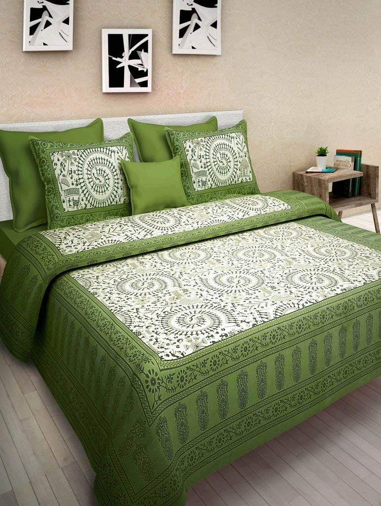 UNIBLISS 144 TC Cotton Traditional Rajasthani Hand Block Printed Double Bedsheet with 2 Pillow Covers (Green, Queen, Bedsheet: 213cm x 235 cm, Pillow Covers: 43cm x 69 cm)