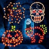 GLOWNOVA 4 Pack Lighted Halloween Window Silhouette Decoration,Jack-O-Lantern, Cobwet,Skull, Cat, Lighted Window Decoration