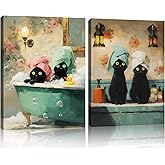 Framed Black Cat Bathroom Wall Art Set of 2 – Funny Cat Canvas Prints for Bathroom Decor Cute Pet Poster Picture Modern Animal Painting for Home Toilet or Laundry Room Ready to Hang 12x16 Inches