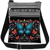 XiaoGalaee Butterfly Adjustable Shoulder Strap Crossbody Bag Blue Butterfly Print and Colorful Floral Design with Small Orange Butterflies Messenger Bag Birthday Gift for Women Men Adults
