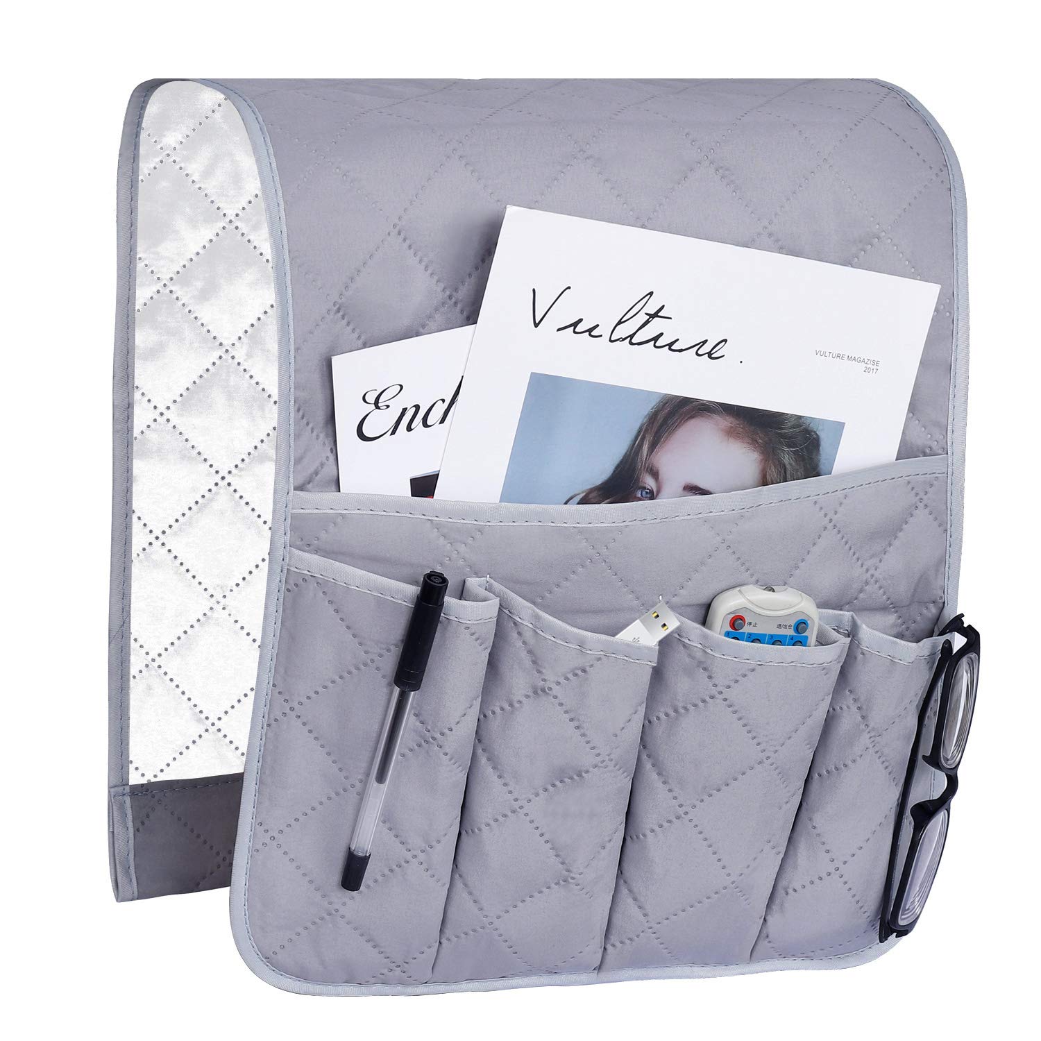 Armrest Organiser for Armrest, Sofa Chair Protetor Cover, Hanging Pockets, Space Saving, Non-Slip Storage Bag for Phone, Book, Magazines, TV Remote Control, Grey
