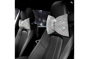 surpassme 2PCS Rhinestone Car Headrest Neck Pillow for Driving with Bling Bling Crystal Bow Pillow Car Accessories for Women (Silver/White)