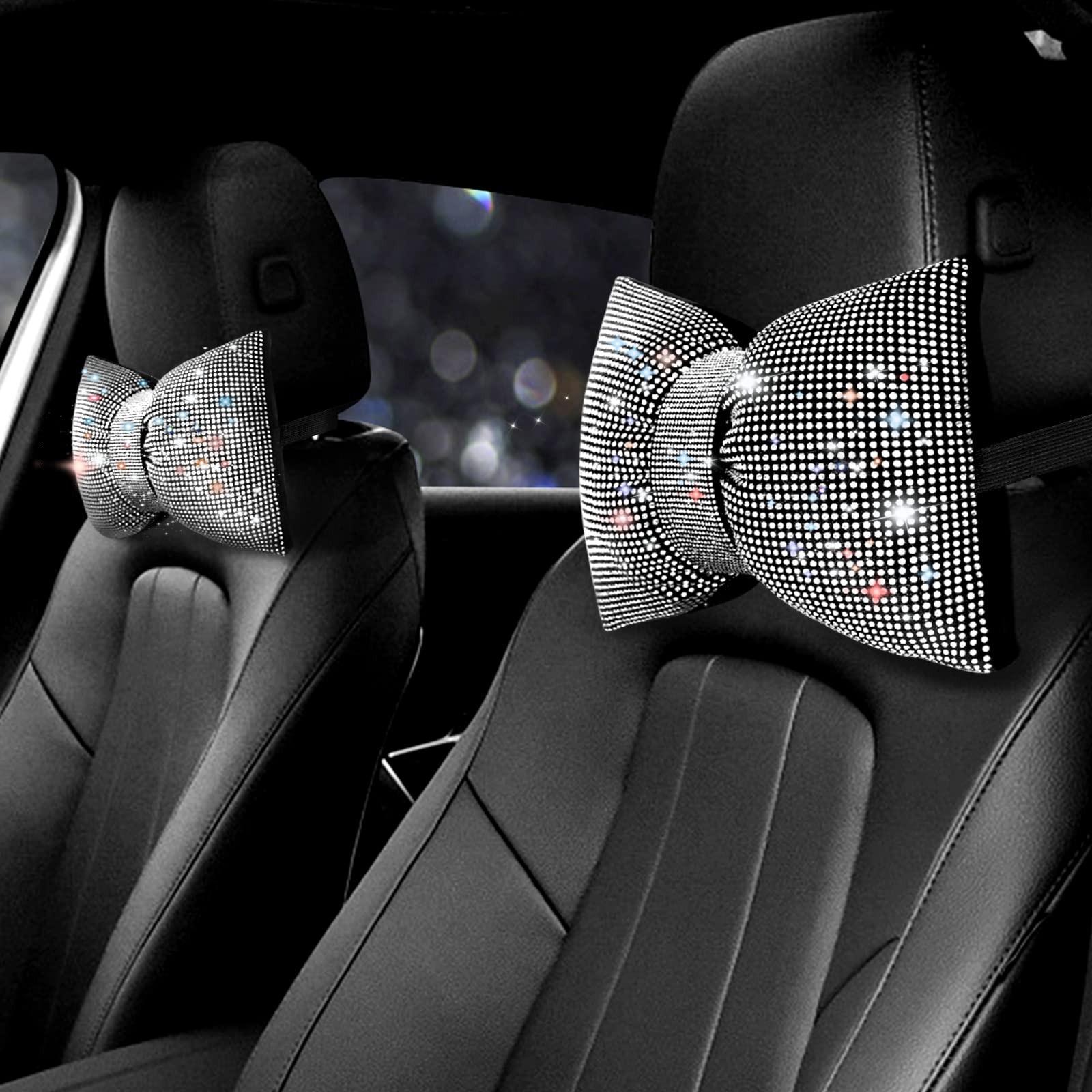Photo 1 of surpassme 2PCS Rhinestone Car Headrest Neck Pillow for Driving with Bling Bling Crystal Bow Pillow Car Accessories for Women (Silver/White)