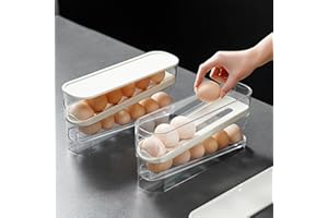 Dingerjar Egg Holder for Fridge, Automatic Rolling Egg Container for Refrigerator, Space Saving Eggs Dispenser for Refrigerator Storager，2pcs
