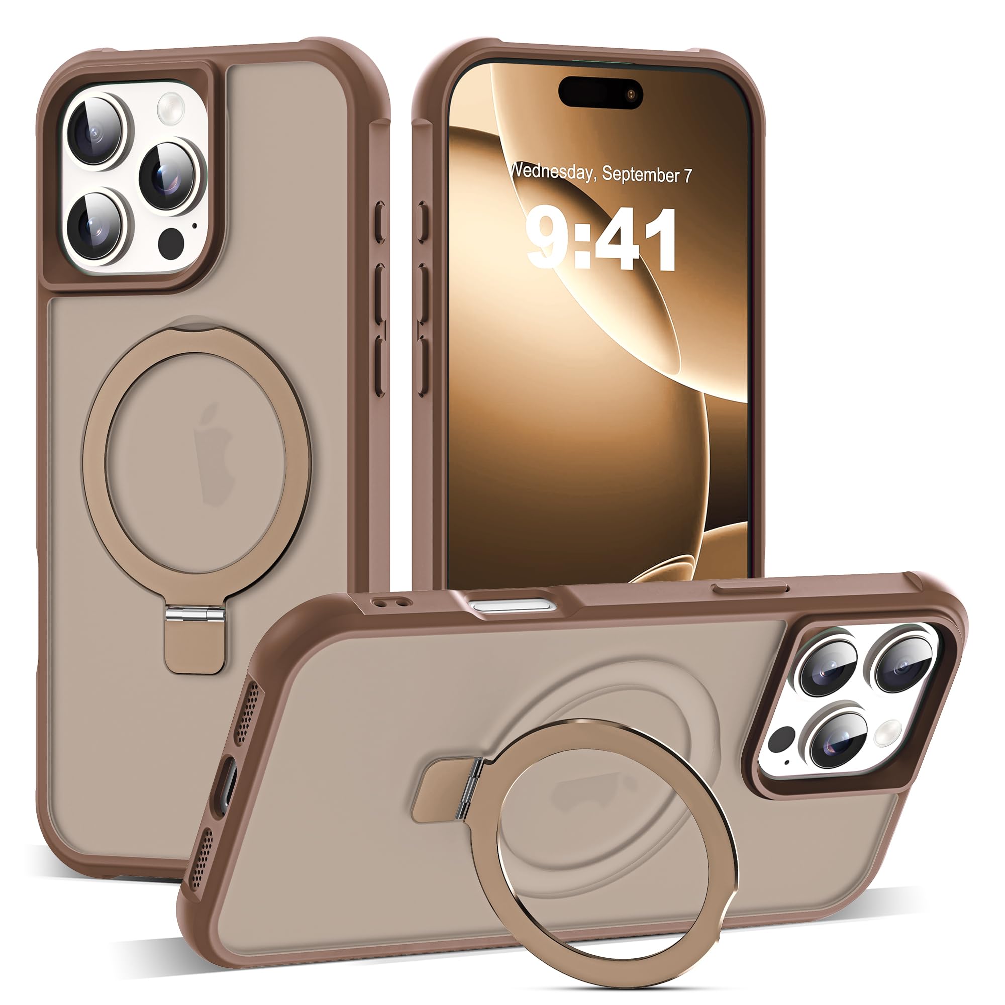 SKYLMW Compatible with iPhone 16 Pro Max Case with Invisible Magnetic O-Ring Stand Military-Grade Translucent Case for iPhone 16 ProMax 6.9" [Compatible with Mag-Safe][Great Grip Feeling],Desert Brown