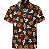 GHUALURU Halloween Shirts for Men Pumpkin Cat Button Down Shirt Short Sleeve Fun Hawaiian Shirts