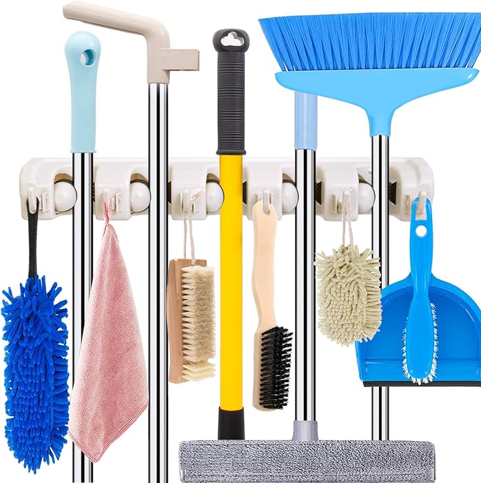 Mop and Broom Holder Wall Mount Heavy Duty Broom Holder Wall Mounted Broom Organizer Home Garden Garage Storage Rack 5 Position with 6 Hooks