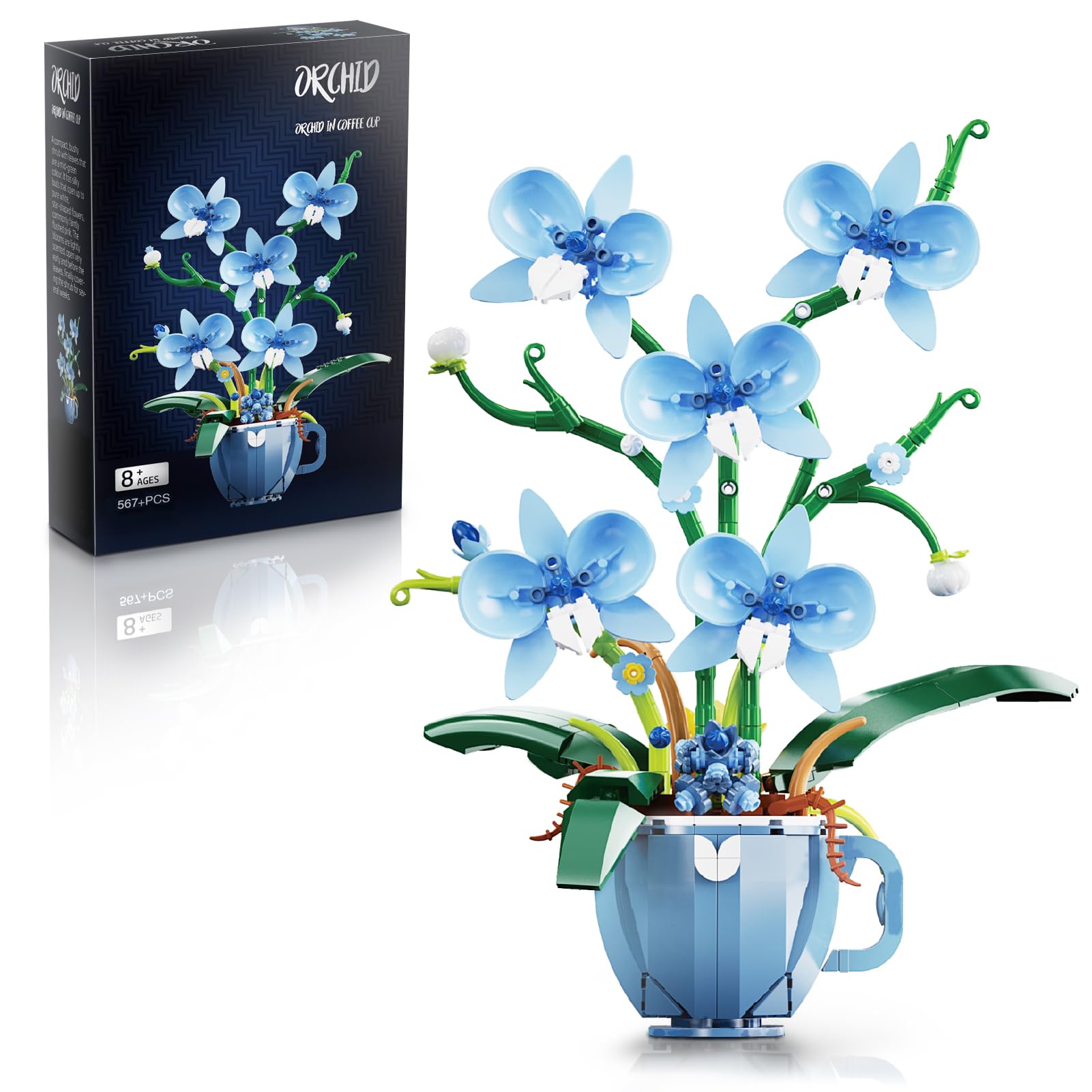 Photo 1 of PINJIMU Blue Orchid Flower Building Block Set with Coffee Cup Vase, Compatible with Lego Flowers, Botanical Collection for Home & Office Decor, Gifts for Christmas Day, Valentines 567pcs